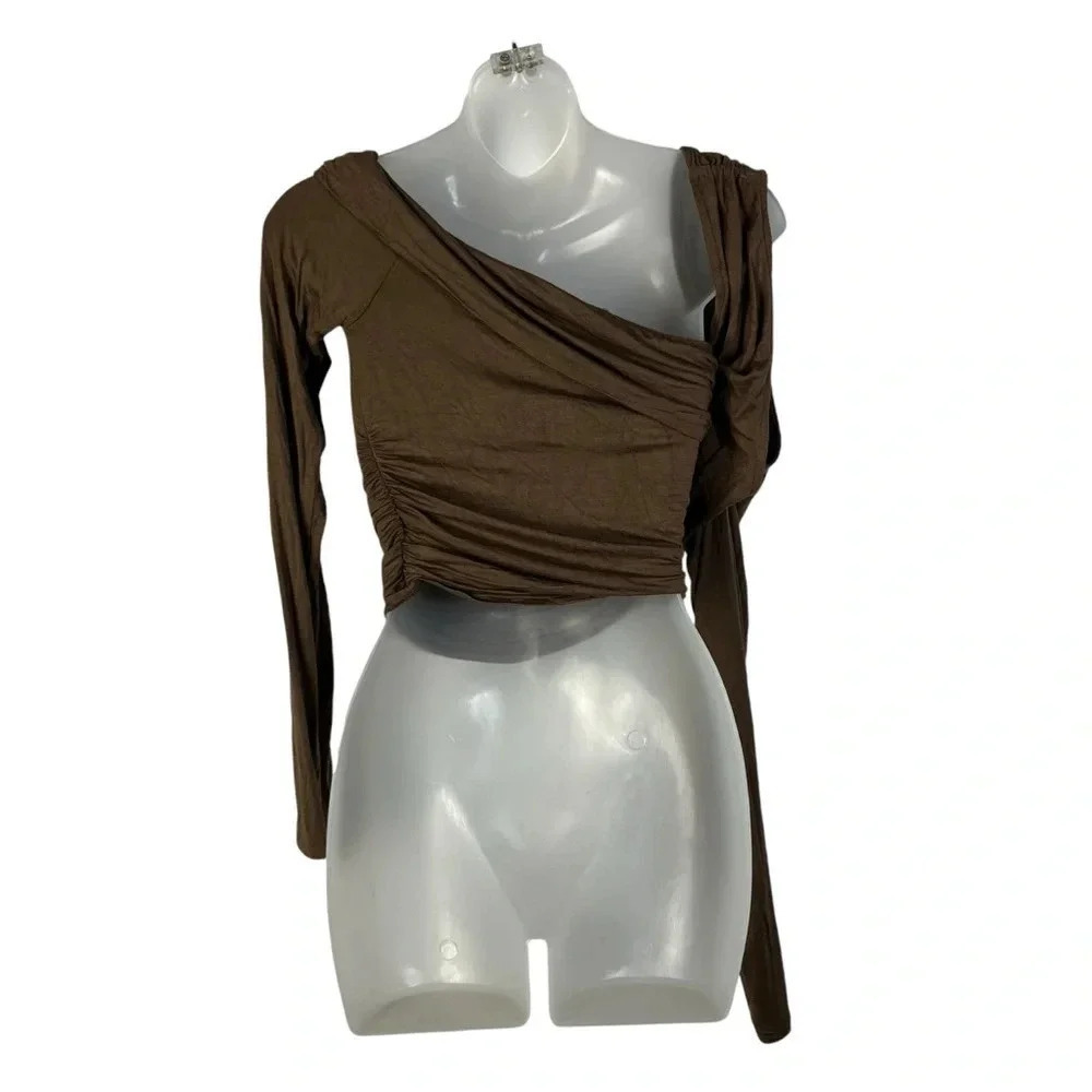 Fashion Nova Dark Brown One Shoulder Fitted Long Sleeve Top S - Picture 2 of 3